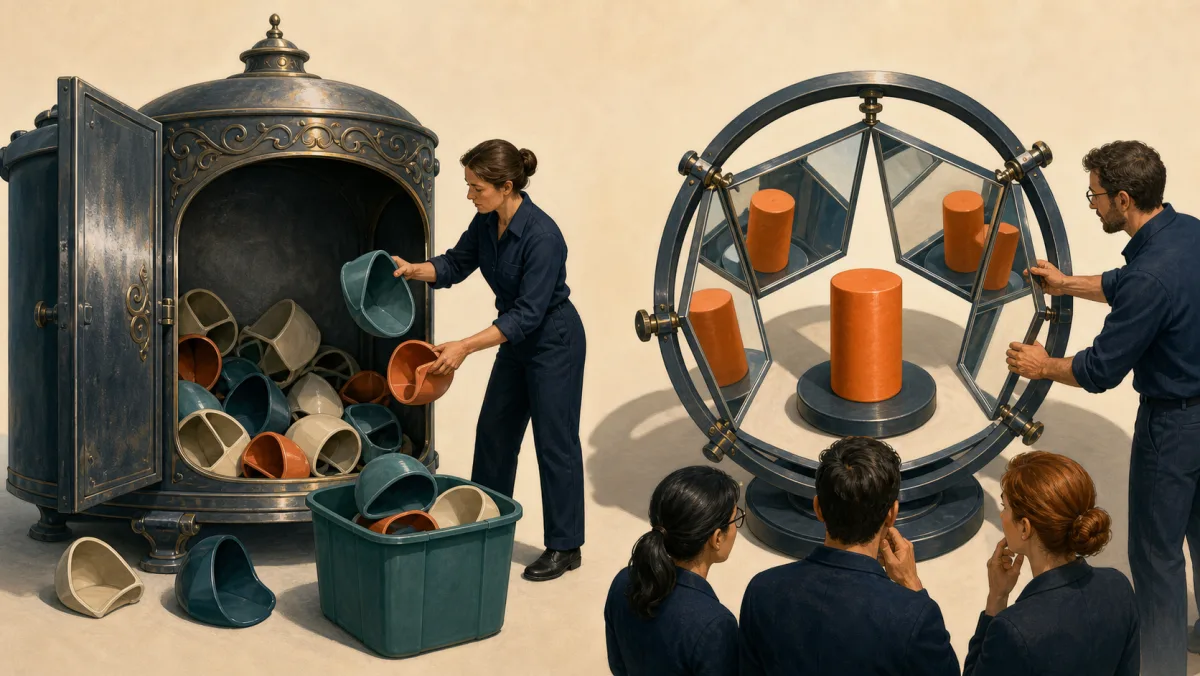 A professional removes empty molded shells while another straightens mirrors that distort an orange cylinder
