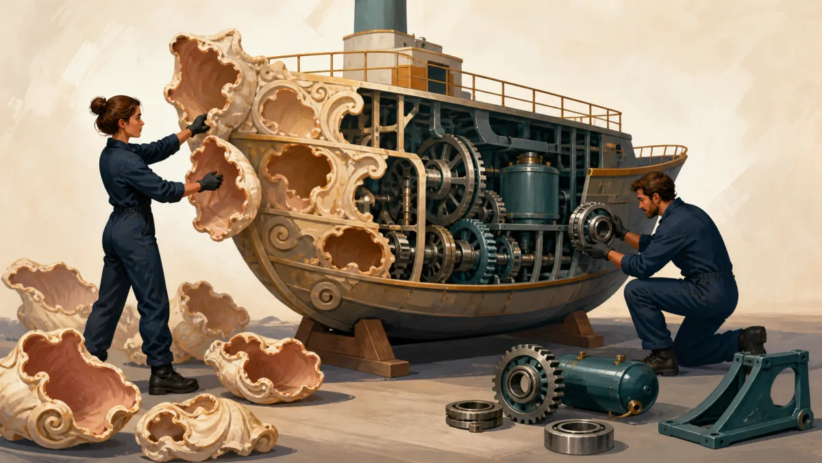 Professionals remove hollow ornament from a vessel and install dense working gears, bearings, and a reservoir