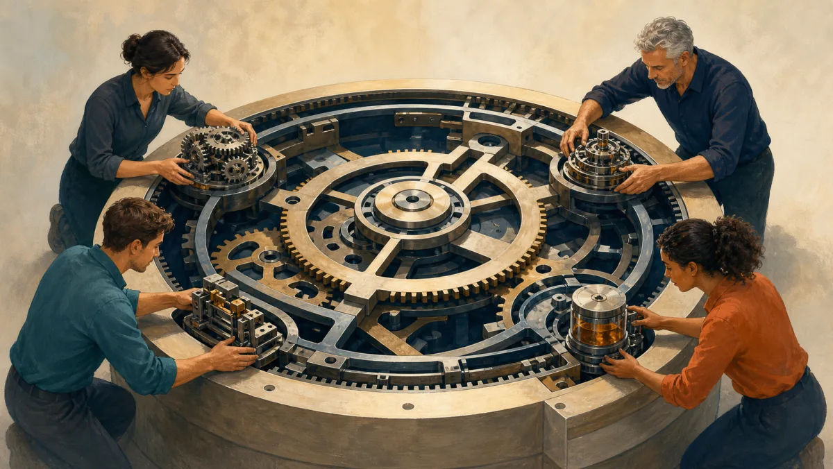 Four professionals fit compact mechanical modules into open connections around an established circular mechanism