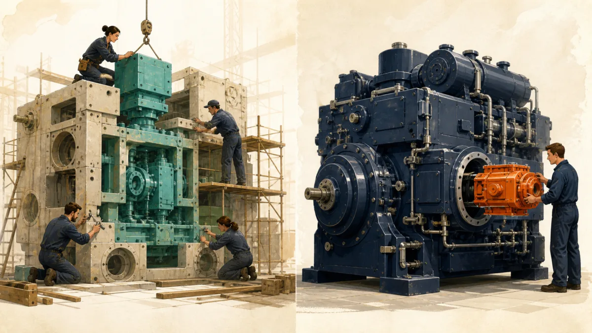 A teal module is built into an unfinished machine while an orange module joins a completed mechanism afterward