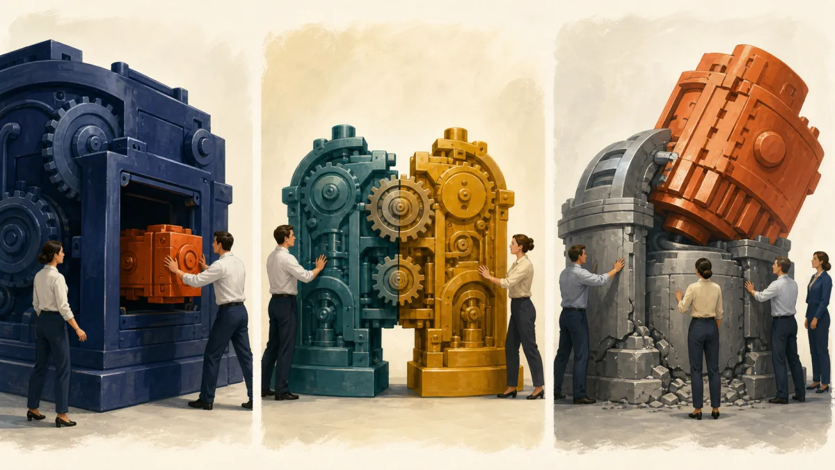 A small module joins a large machine, equal machines combine, and an oversized module strains a receiving structure