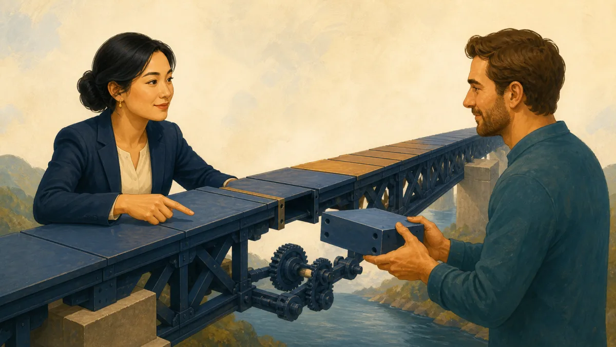 Two professionals calmly address an exact bridge gap while one holds the single matching component