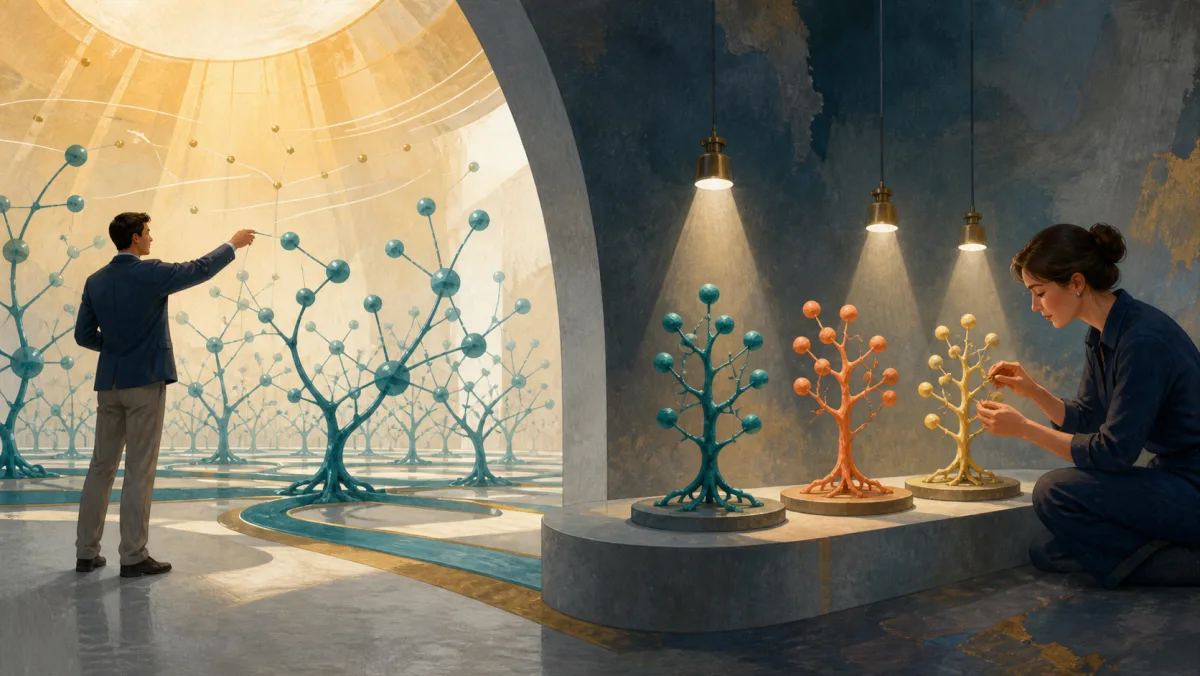 One professional shapes conditions for a field of structures while another tends three specific structures by hand