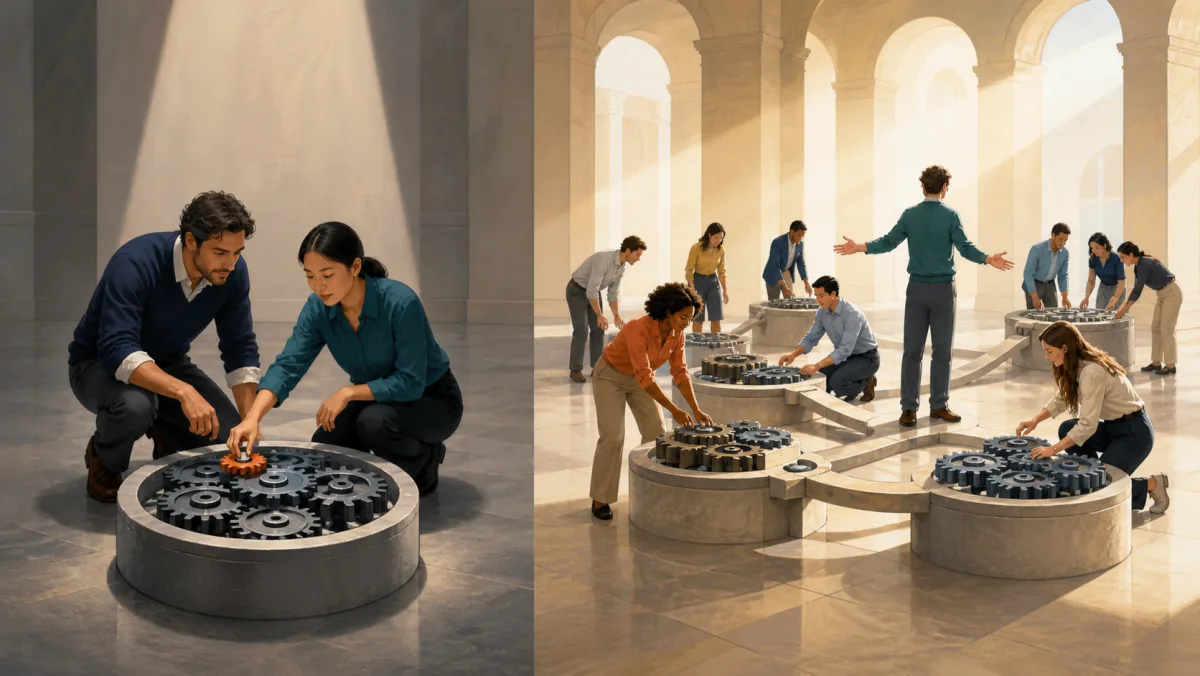 A mentor supports one immediate connection while a facilitator oversees collaboration across linked workstations