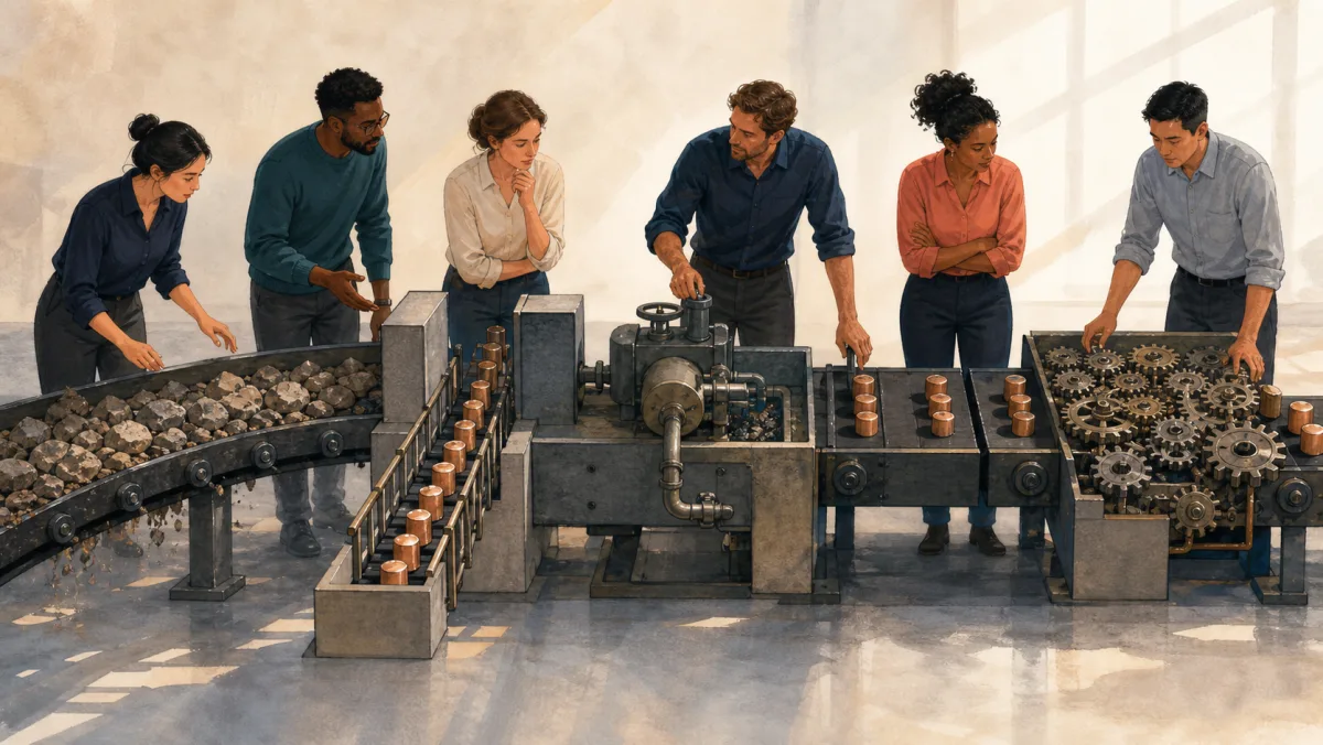 A team examines rough resistance, a narrow gate, standing machinery, waiting components, and interacting gears