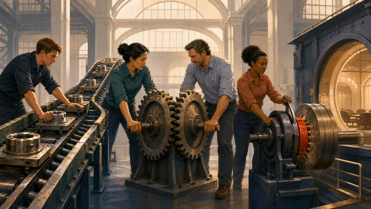 Professionals move parts along a rough track, turn rubbing gears, and engage a deliberate resistance brake