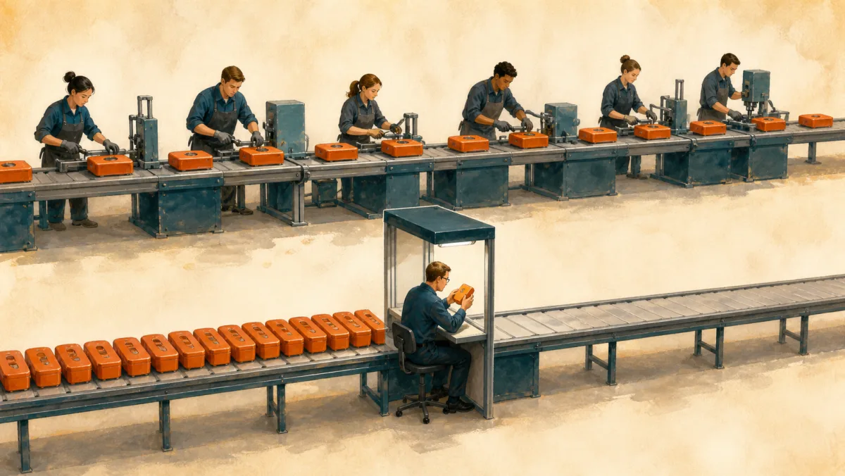 Small resistance spans many workstations while a long queue forms before one narrow inspection gate