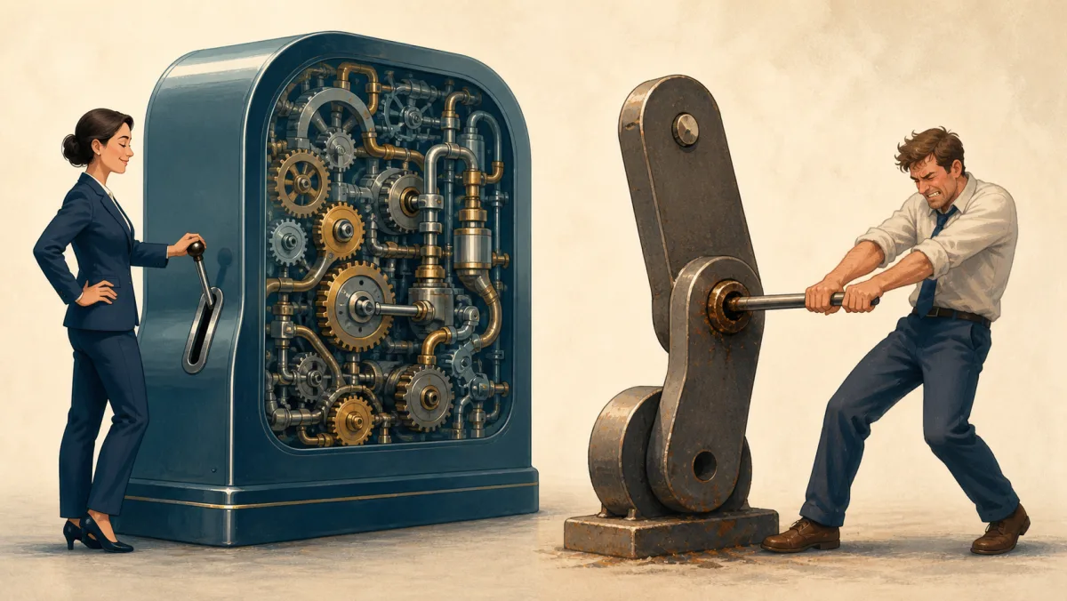 A professional easily operates a dense machine while another struggles with one rough joint in a simple mechanism