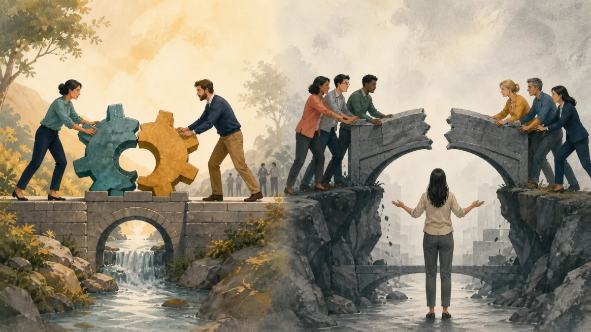 Two leads keep rubbing gears moving while opposing groups pull a shared bridge apart as a mediator intervenes