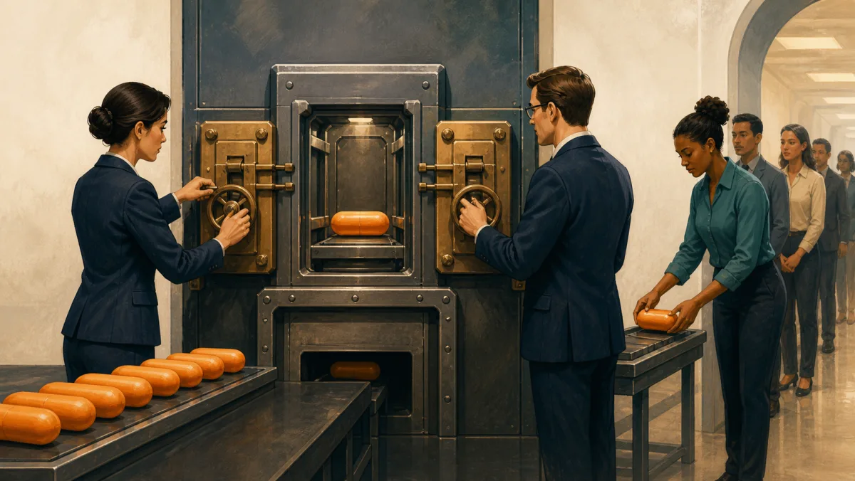 Two professionals operate independent locks while orange capsules queue for passage through the protected chamber