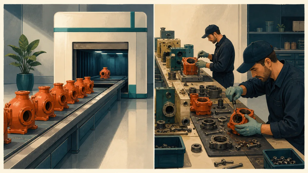Orange components wait in a clean queue while workers repeatedly disassemble and refit similar components