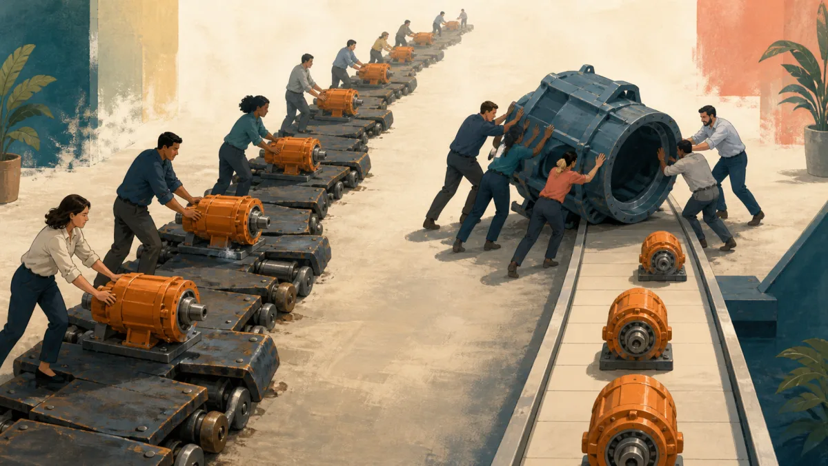 Components keep moving over rough platforms while a fallen mechanical housing blocks a parallel route