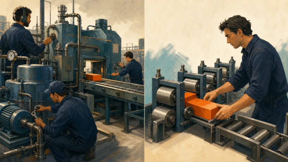 A permanent crew maintains a support machine while one professional pushes a component through stiff rollers