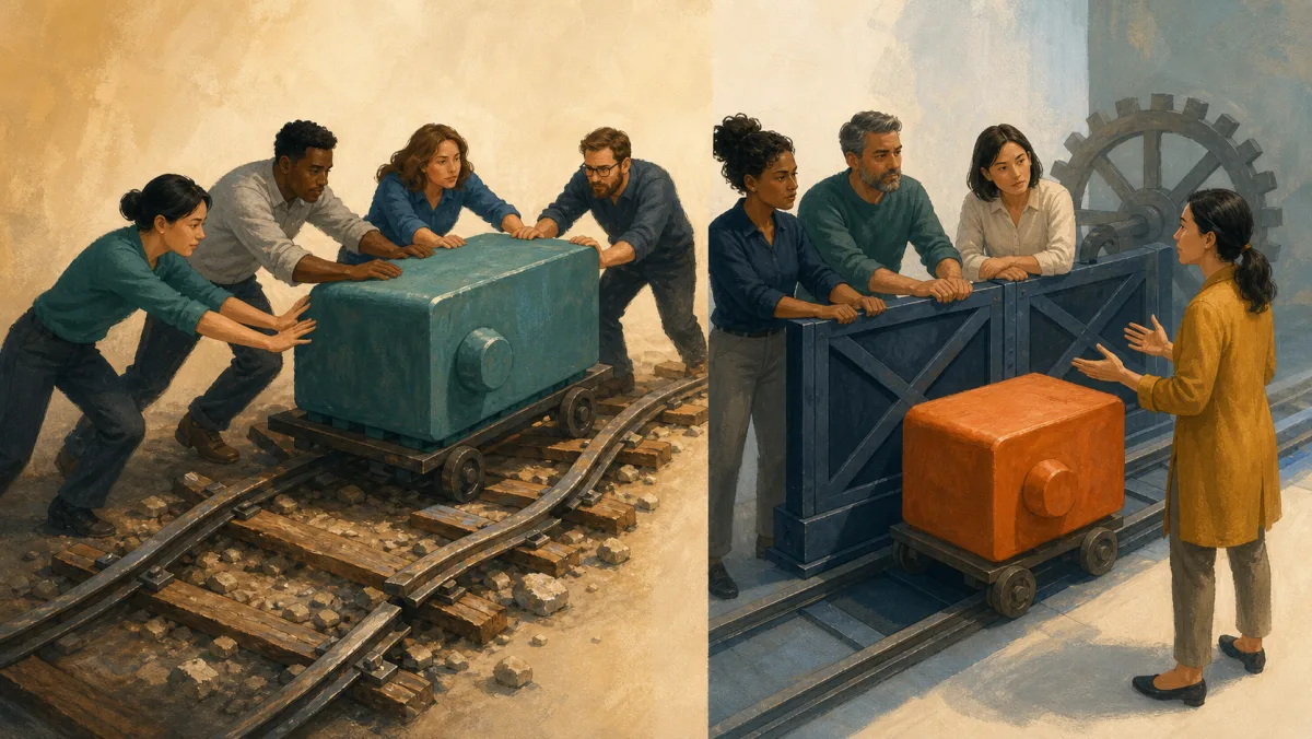 A team cooperates against a broken track while another team deliberately holds a gate closed