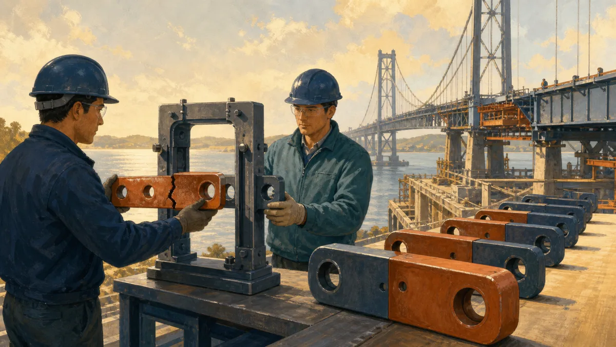 Two engineers use an alignment jig that catches a cracked bridge joint while safe joints wait for review