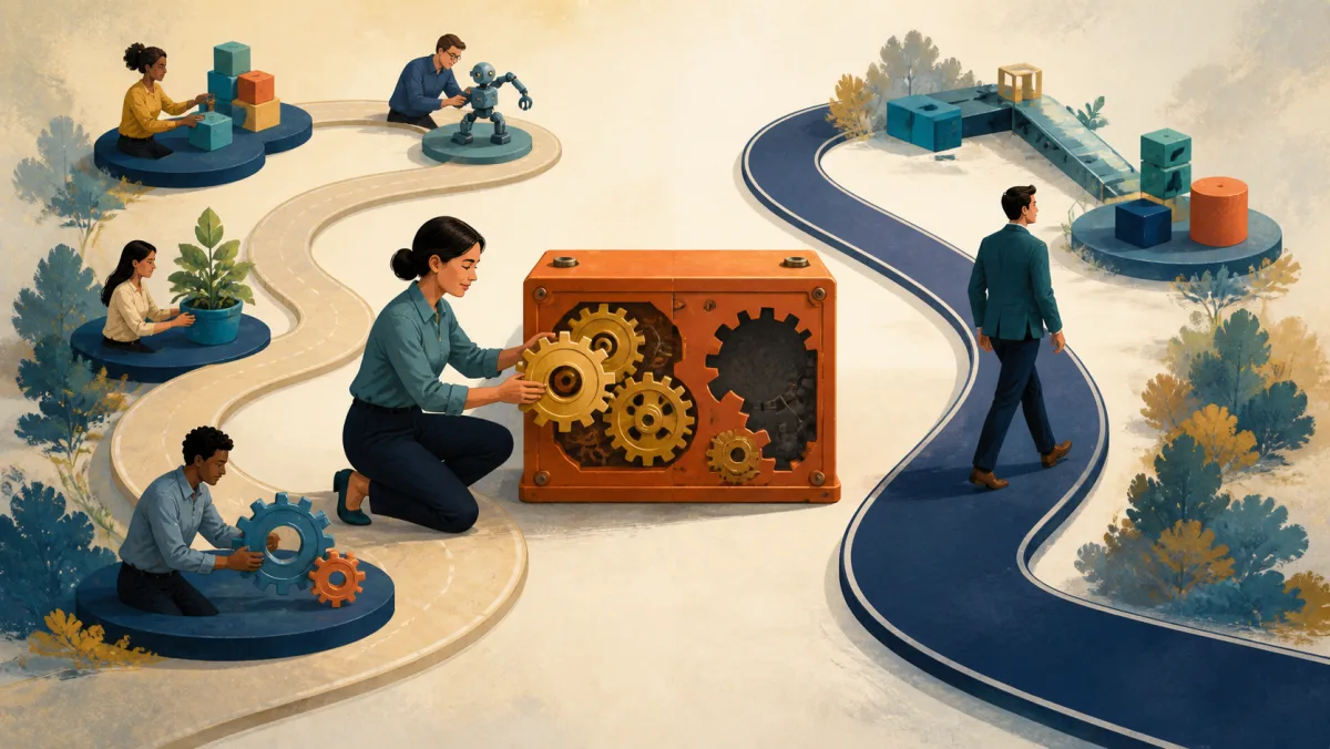 One route reaches and completes an orange task mechanism while another curves around it and leaves it unfinished