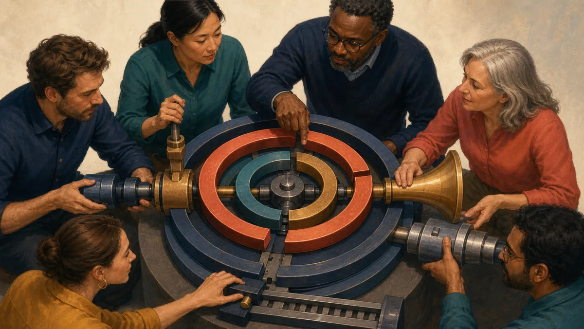 Six stakeholders adjust distinct parts of one shared mechanism while focusing on a misaligned scope ring