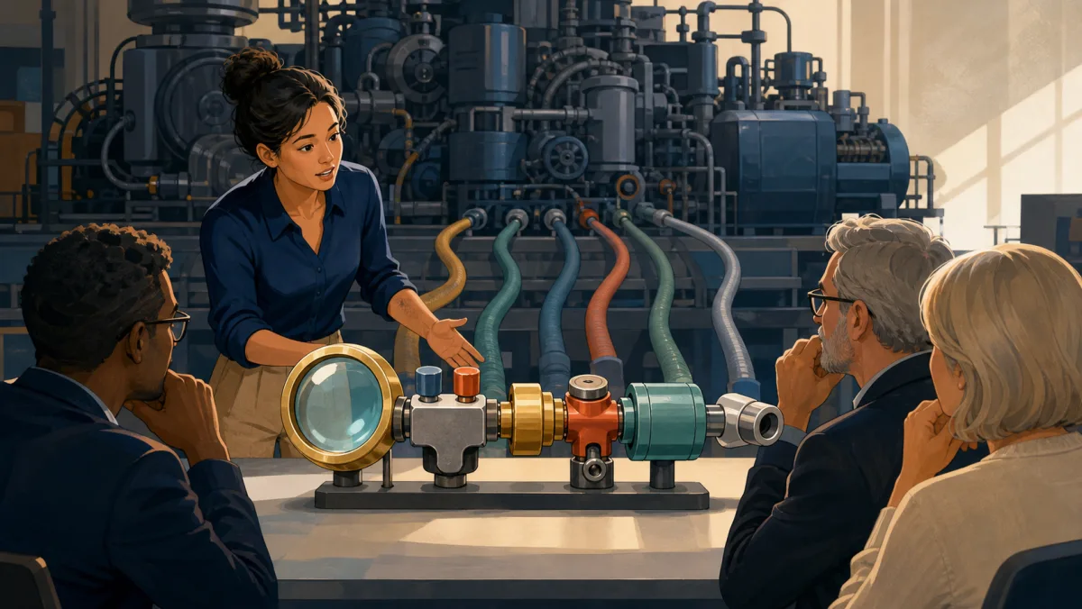 A presenter extracts a compact decision mechanism from a much larger industrial system for senior colleagues
