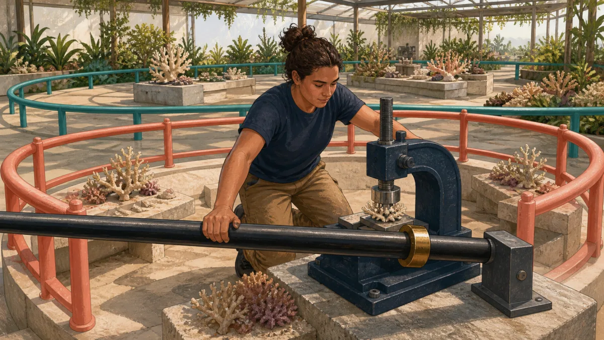 A professional operates a manual press inside coral rails while a brass collar limits its lever and teal rails surround the garden