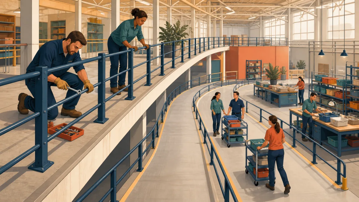 Facilities workers repair a mezzanine safety rail above a team moving carts within a protected operating lane
