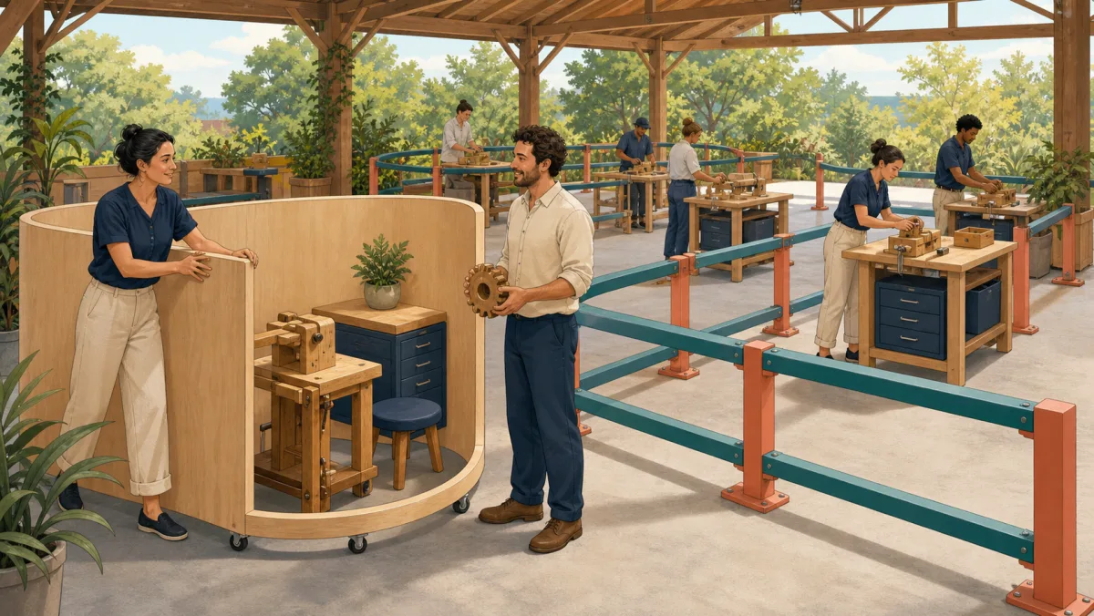 A professional moves her personal wooden divider while fixed rails govern the shared assembly floor