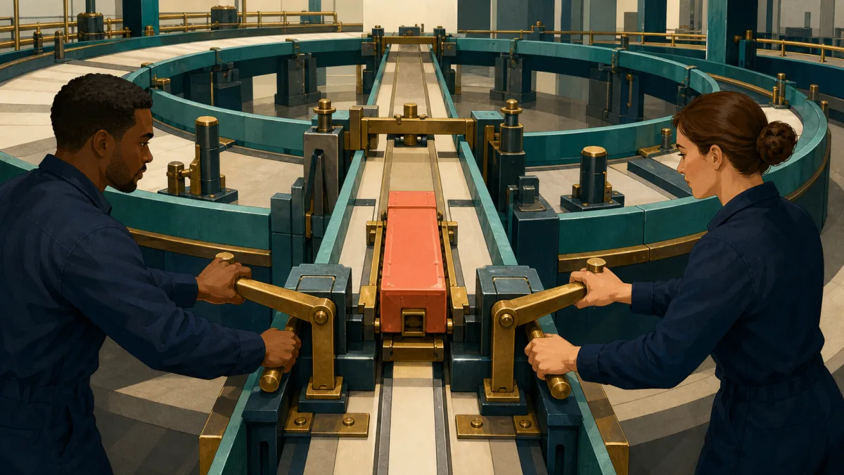 Two professionals operate paired handles for one transfer step within a broader system of protective rails