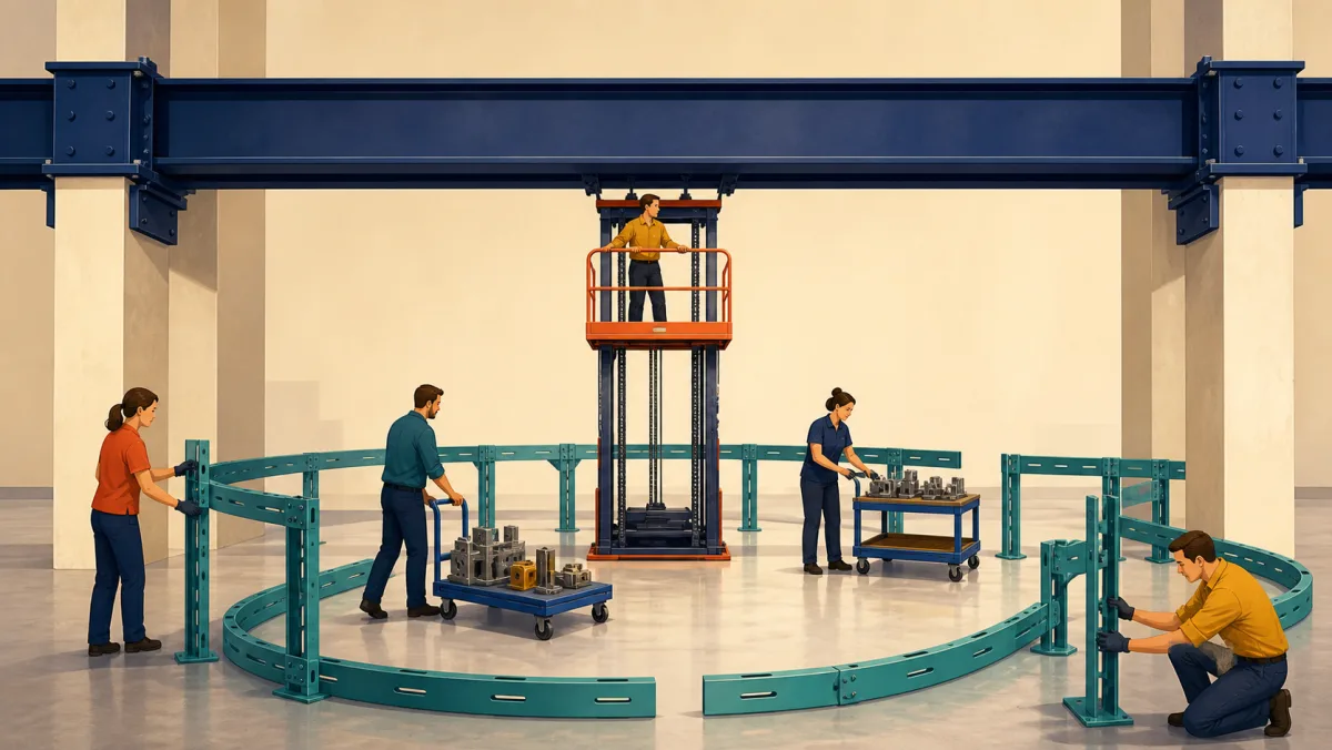 A lift stops below a fixed steel ceiling while teams reposition curved teal rails in the workspace beneath