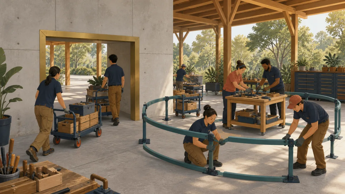 Carts pass through a permanent brass-lined aperture while a team assembles modular rails around its work area