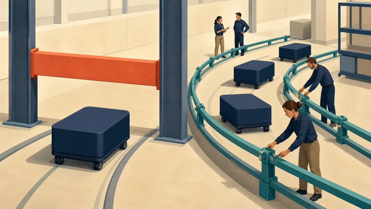 A solid coral crossbeam ends one cart route while professionals adjust a flexible teal corridor beside it