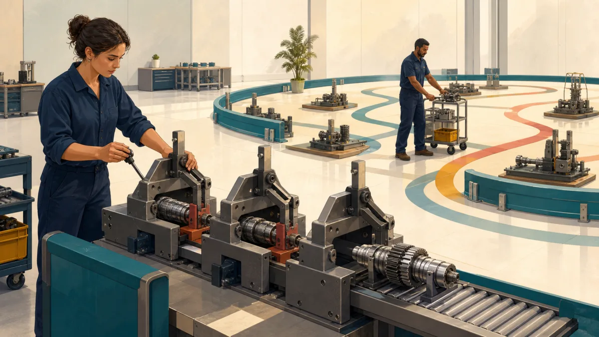 A professional follows one three-stage assembly channel before a component enters a floor with several valid routes