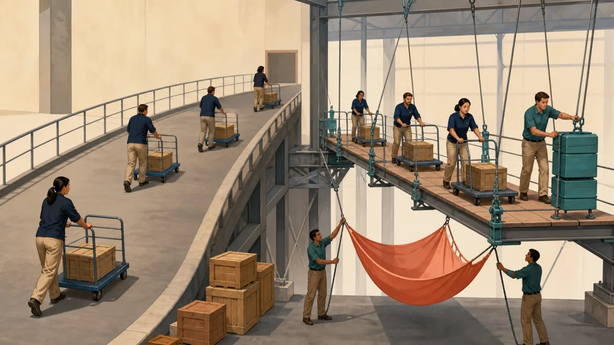 One team uses a stable ramp while another remains on a suspended platform with counterweights and a catch cradle