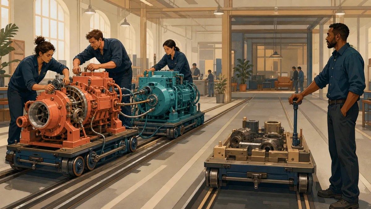 A coral production machine continues running with a teal backup mechanism while a separate cart remains stationary