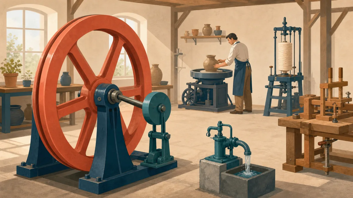A targeted counterweight stabilizes one flywheel while independent workshop activities spread across the room