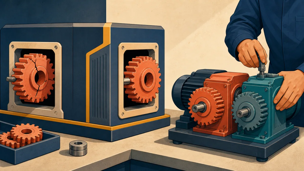 A cracked gear enters a replacement machine while a professional adjusts a separate backup drive