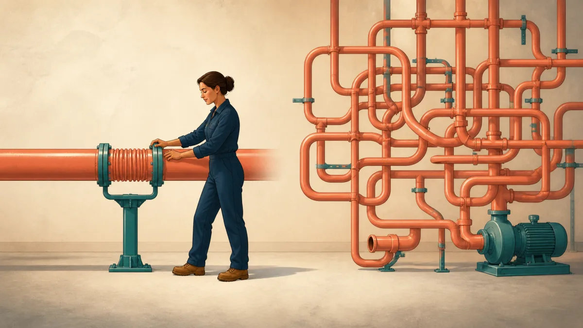A professional supports one exposed pipe coupling beside a maze of looping pipes