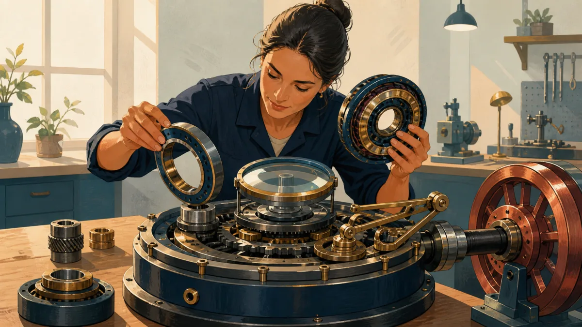 A professional assembles interlocking rings and linkages around one integrated working mechanism