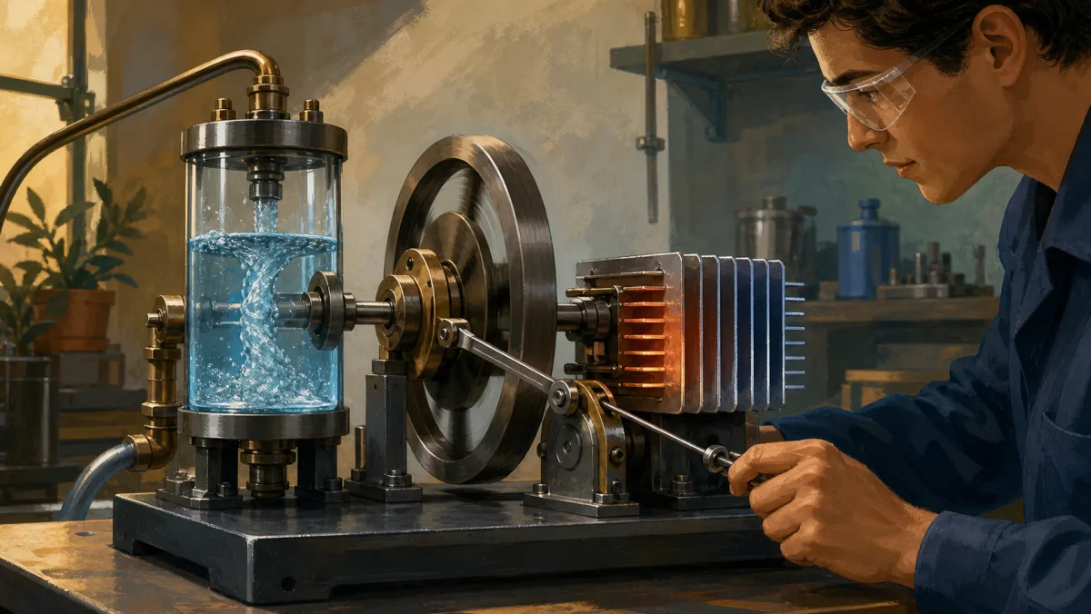 A professional operates one mechanism coupling water flow, a flywheel, cooling fins, and a tensioned linkage