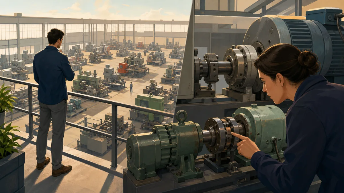 One professional surveys a broad workshop while another closely examines connected machine couplings