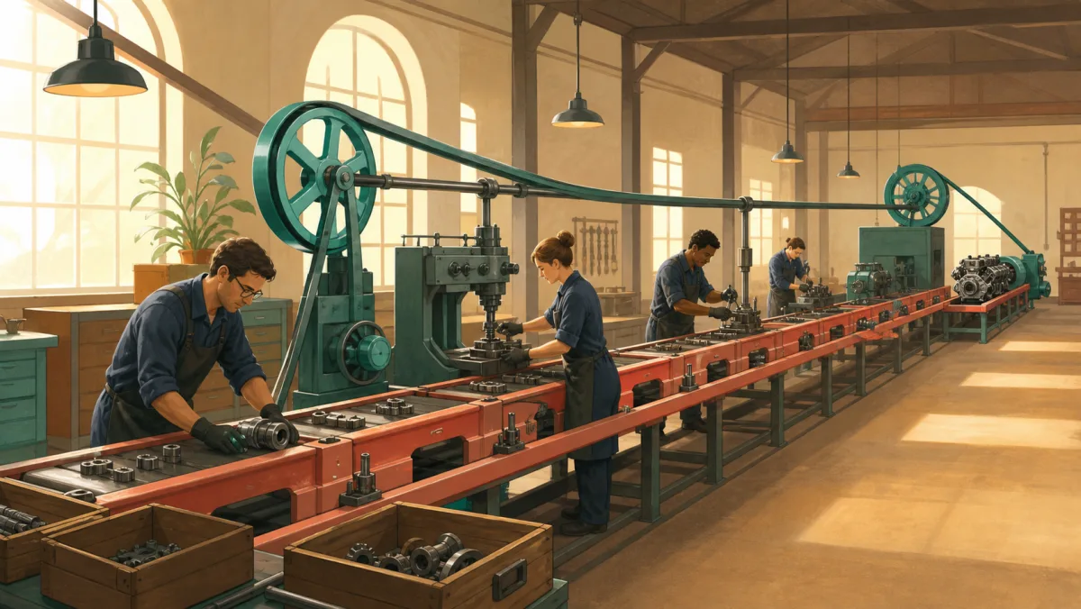 A continuous production line runs through ordered stations linked by long belts between distant stages