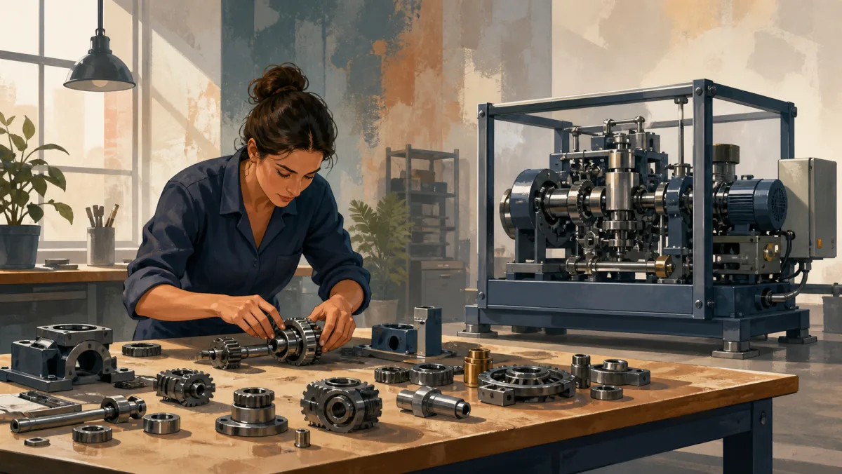 A professional fits separate machine parts while a completed integrated mechanism operates behind her