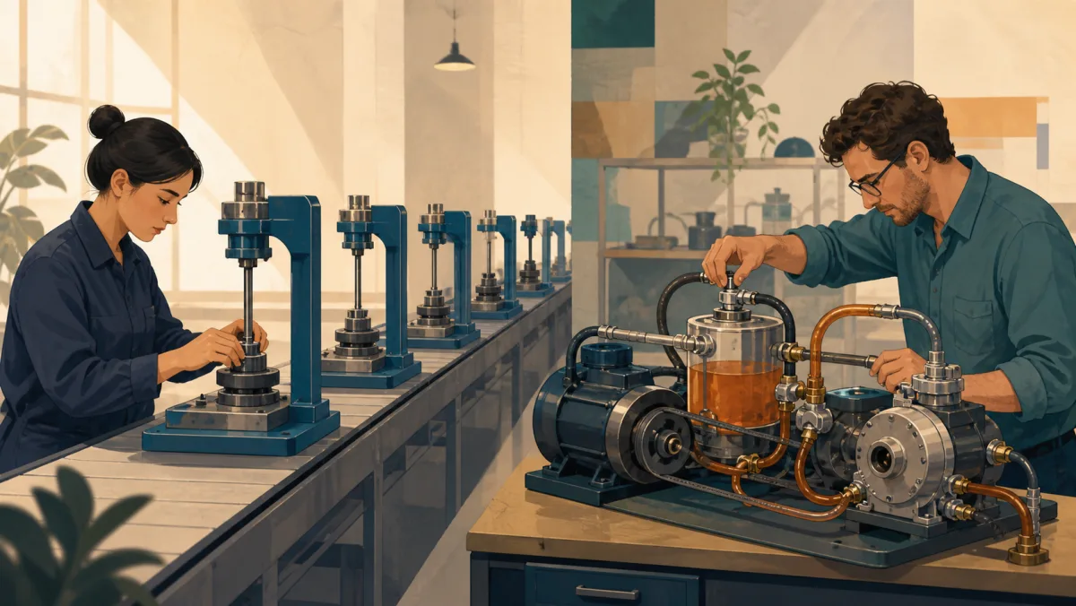 One professional works along an ordered row while another adjusts interconnected pumps and pipes