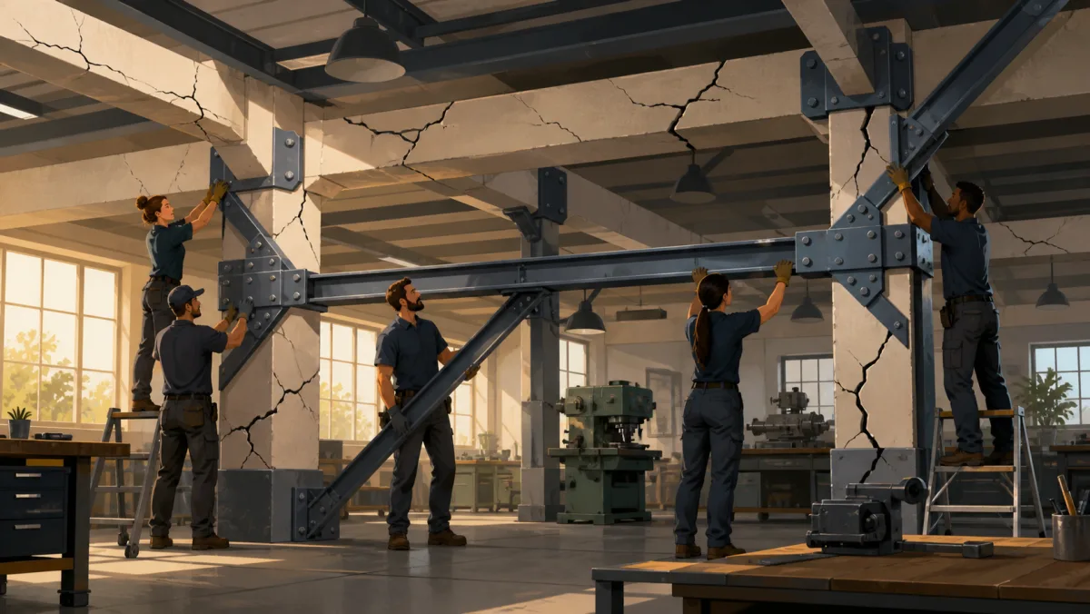 A team installs a coordinated steel frame across structural beams carrying widespread cracks