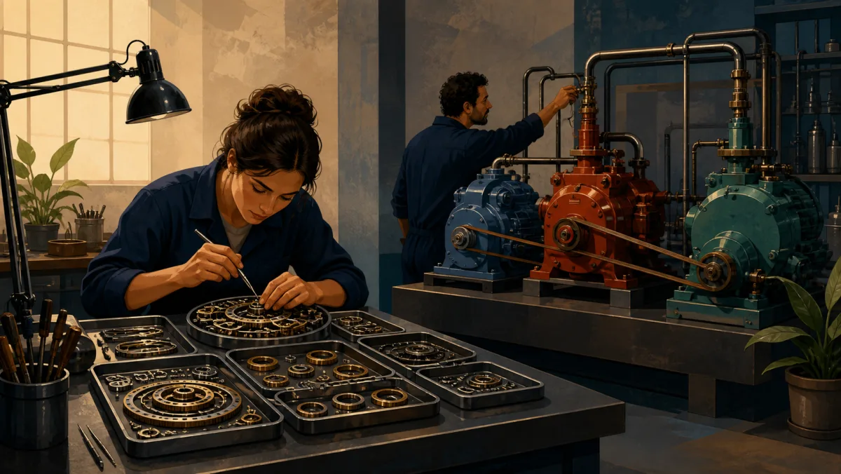 One professional examines nested parts in metal trays while another adjusts three connected machines