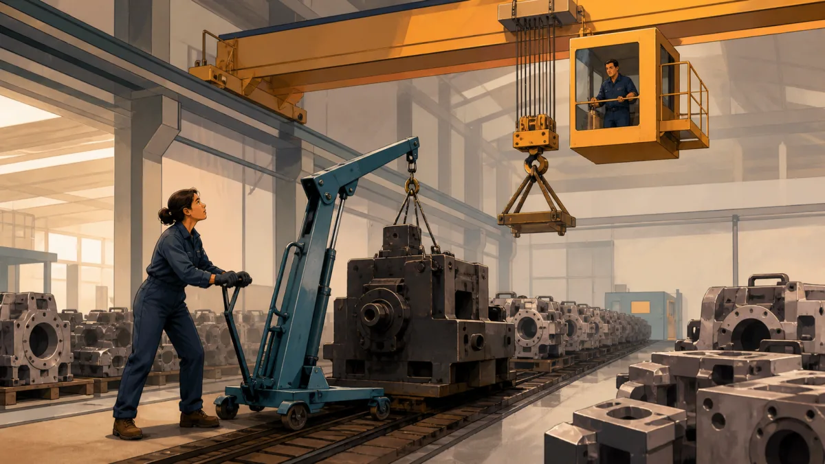A small floor hoist faces a blocked heavy machine as components accumulate beneath an overhead gantry