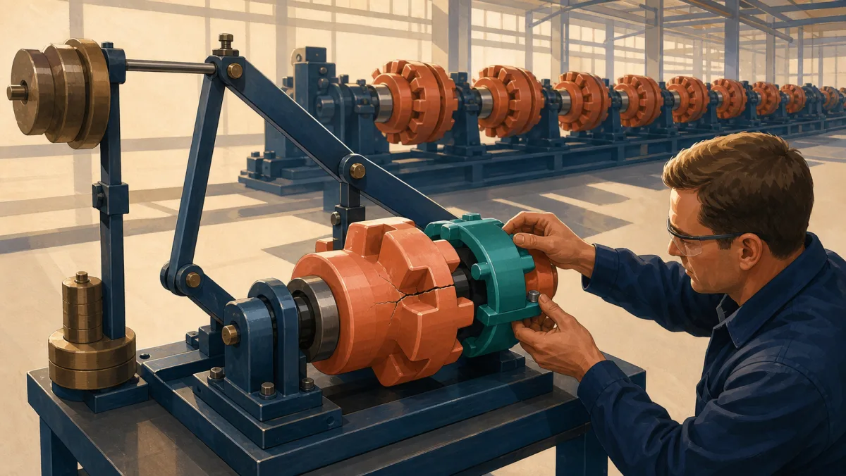 A professional braces a cracked coupling on a small load-test rig before activating a larger production line