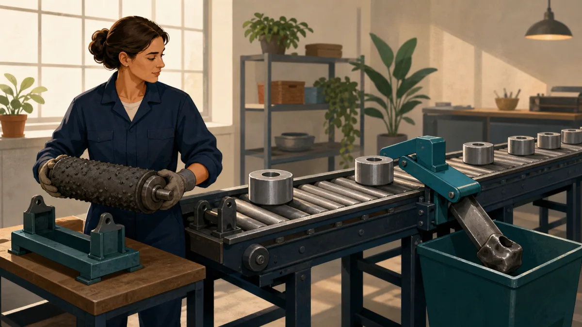 A professional removes a rough drag roller while a teal catcher diverts a malformed component
