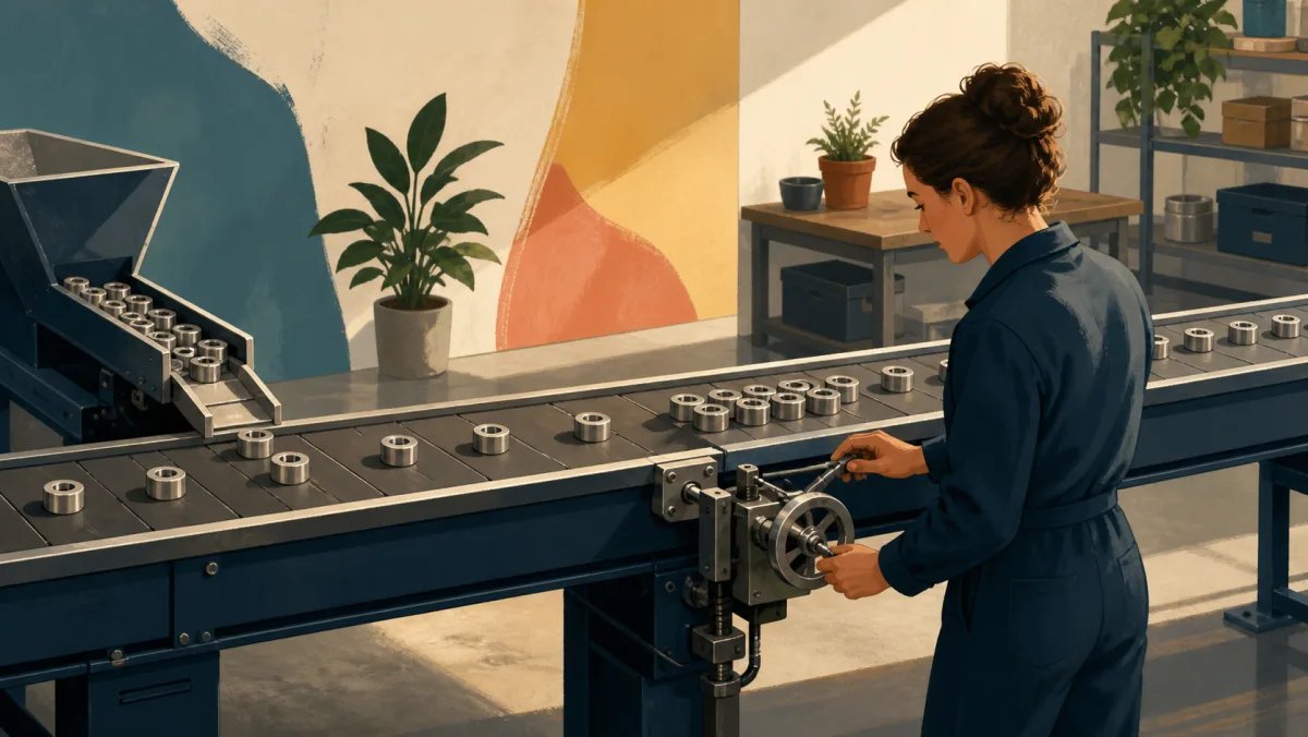 A professional adjusts a conveyor feeder where metal rings change from uneven to steady spacing