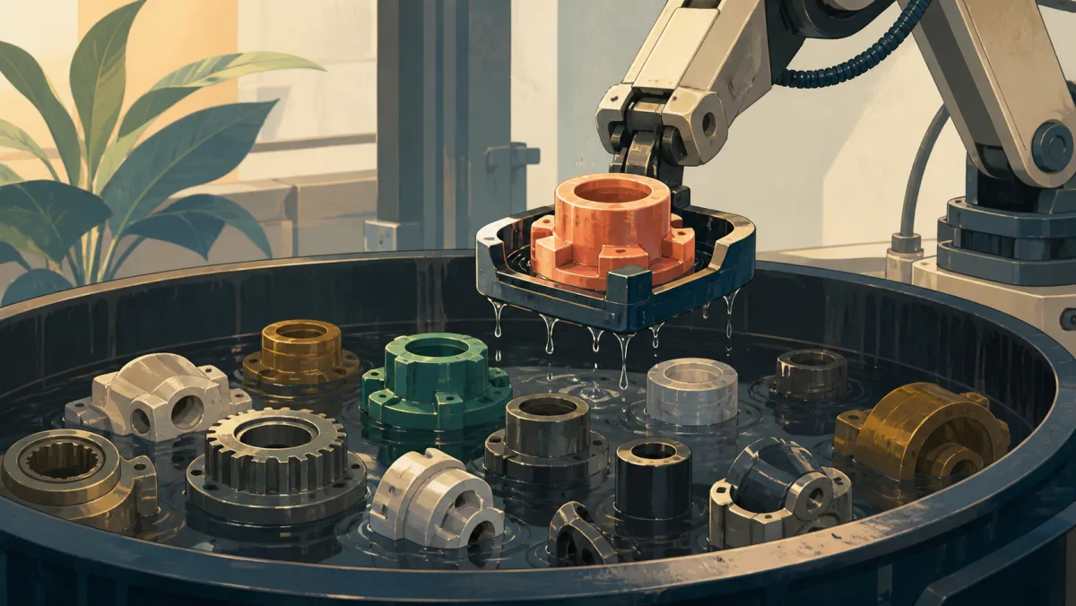 A robotic gripper lifts one coral coupling from a sorting bath of varied components