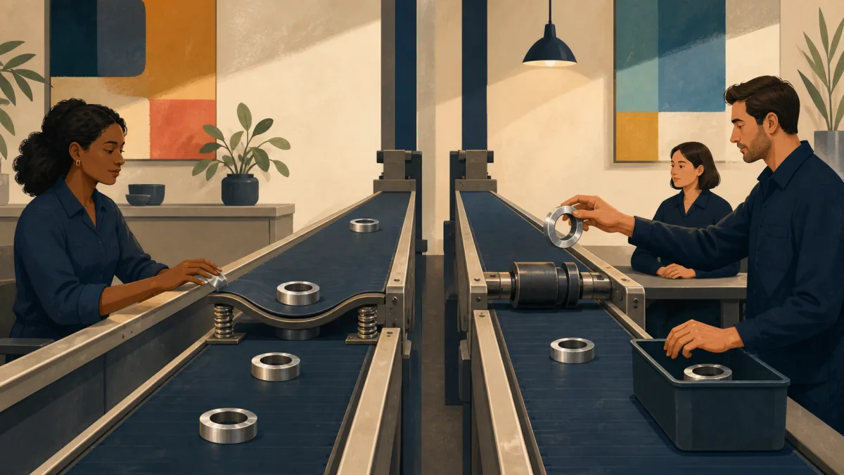 One conveyor self-corrects a shallow dip while another requires a ring to be transferred by hand
