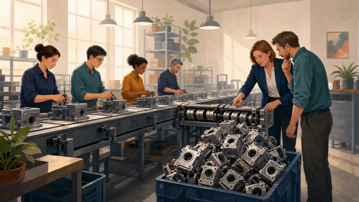 A team works along a production line while two professionals inspect a jammed shared review gate